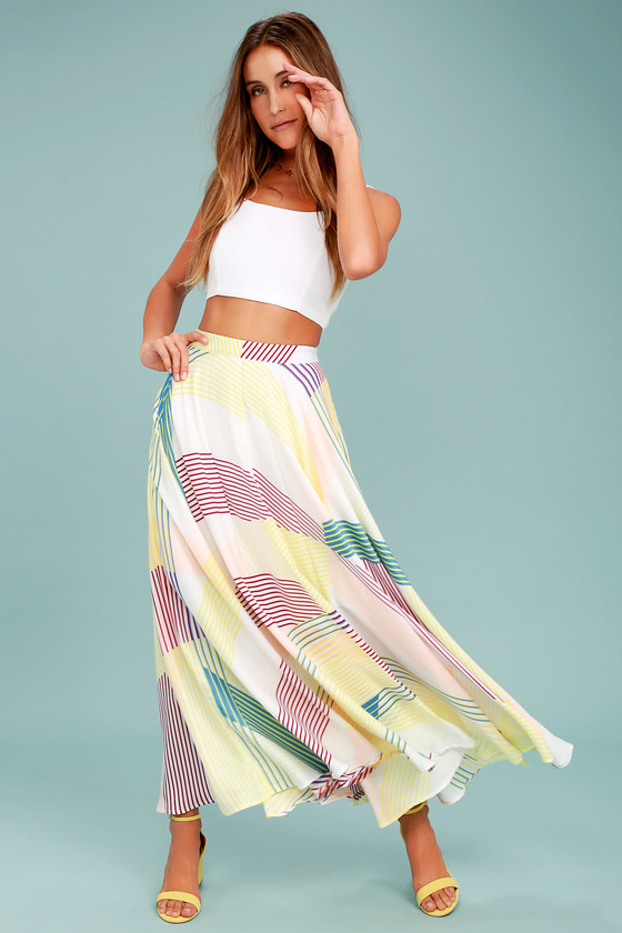 Alkii High Waisted Floor Length Striped Maxi Skirt 